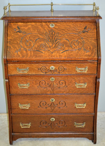 SOLD Oak Carved Slant Top Governor Winthrop Victorian Desk