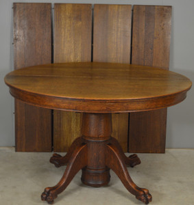 SOLD Round Oak Claw Foot Victorian Banquet Table w/4 Leaves – Opens 100 Inches