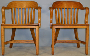 SOLD Pair of Oak Barrel Back Lawyers Bankers Arm Chairs