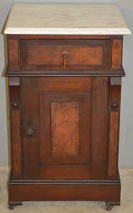 SOLD Victorian Burl Walnut Marble Top Half Commode Nightstand