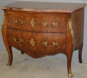 SOLD French Victorian Inlaid Marble Top Chest with Brass Ormolu