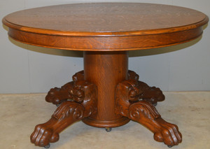 SOLD Round Oak Lion Head Claw Foot Banquet Table