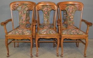 SOLD Set of 6 Heavily Carved Upholstered Oak Dining Chairs
