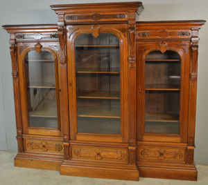 SOLD Victorian Burl Walnut Carved Triple Door Bookcase