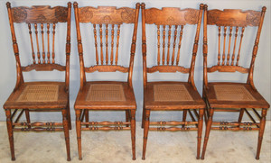 SOLD Set of 4 Oak Press Back Dining Chairs – Early 1900’s