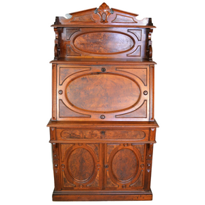 Victorian Burl Walnut Four Oval Panel Secretary Desk