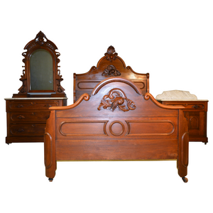 SOLD Antique Bed Set, Antique Victorian Grape Carved Marble Top Bedroom Suite