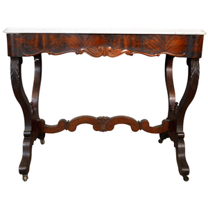 SOLD Antique Accent Table, Antique Flame Mahogany Empire Marble Top Sofa Table