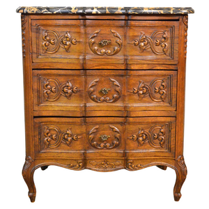 SOLD Marble Top French Carved Three Drawer Nightstand