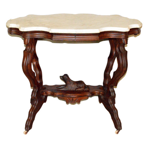 SOLD Antique Parlor Table, Victorian Marble Top Parlor Stand with Dog Carving