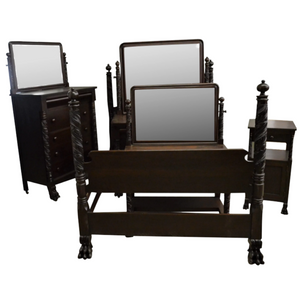 SOLD Antique Bedroom Set, Mahogany Acanthus Carved 5 Piece Bedroom Suite