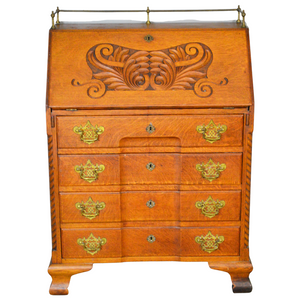 SOLD Antique Secretary Desk, Oak Carved Governor Winthrop Desk