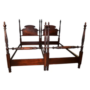 SOLD Antique Twin Poster Beds, Pair of Acanthus Carved Empire Style Twin Beds