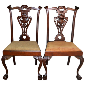 SOLD Antique Victorian Side Chairs, Mahogany Carved Chippendale Pair of 2