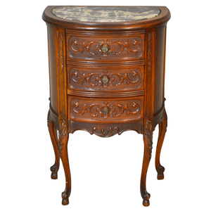 SOLD Antique Nightstand, Marble Top French Three Drawer Carved Stand
