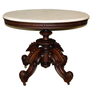 SOLD Antique Victorian Oval Heavily Carved Marble Top Parlor Stand by Brooks