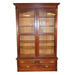 SOLD Antique Bookcase, Victorian Walnut Three Drawer Double Door Bookcase