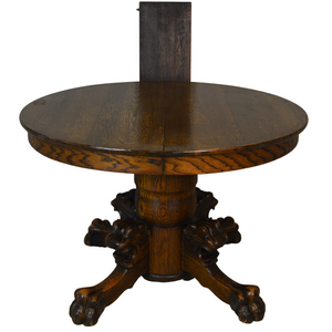 SOLD Antique Round Oak Lion Head Dining Room Table with One Leaf