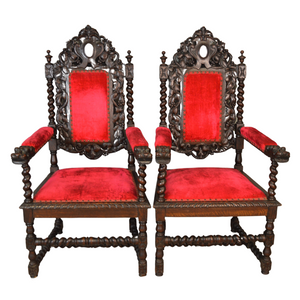 SOLD Antique Throne Chairs, Pair of Heavily Carved Lion Head Parlor Chairs