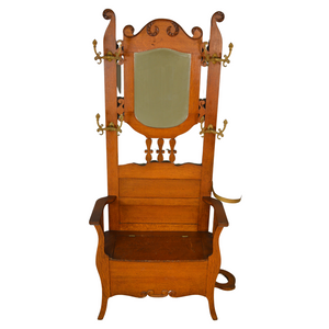 SOLD Antique Hall Seat, Victorian Oak Mirror Lift Hall Tree