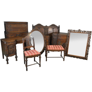 SOLD Antique Oak Bedroom Set, Carved 9 Piece Oak Bed Suite