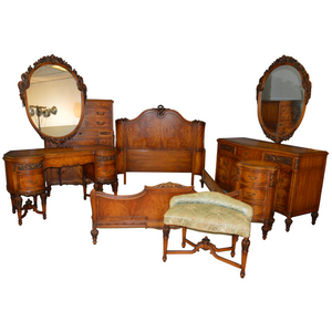 SOLD Antique Bedroom Set, French Flame Mahogany Carved 6 Piece Bedroom Suite