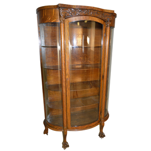 SOLD Antique China Cabinet, Oak Carved Triple Curved Glass China Closet