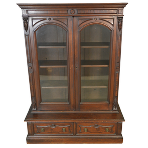 SOLD Antique Bookcase, Victorian Burl Walnut Step Back Cabinet