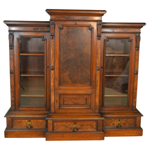 SOLD Antique Bookcase, Victorian Burl Walnut Breakfront Triple Door Bookcase