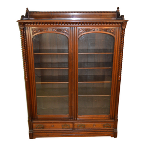 SOLD Antique Victorian Two Door Walnut Bookcase w/Pillars & Carved Backsplash