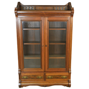 SOLD Antique Bookcase, Victorian Walnut Step Back Bookcase with Gallery