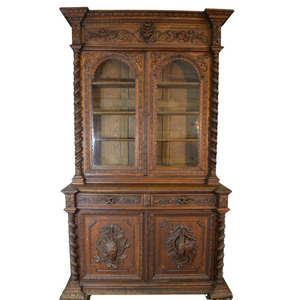 SOLD Antique China Closet, Oak Carved Bookcase or Cupboard