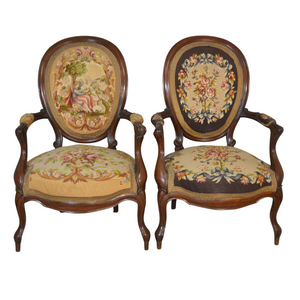SOLD Antique Armchairs, Pair of French Needlepoint Parlor Chairs