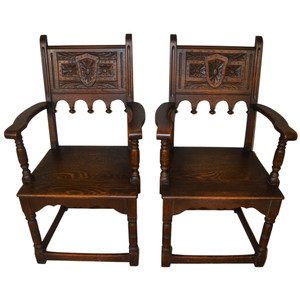 SOLD Antique Carved Oak Arm Chairs