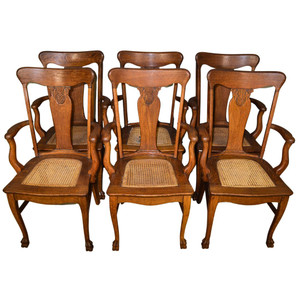 SOLD Antique Dining Room Arm Chairs, Set of 6 Victorian Press Back, Oak - Rare