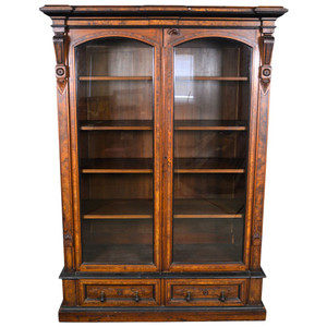 SOLD Antique Victorian Burl Walnut Glass Door Bookcase