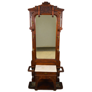 SOLD Antique Victorian Marble Top Burl Walnut Hall Tree
