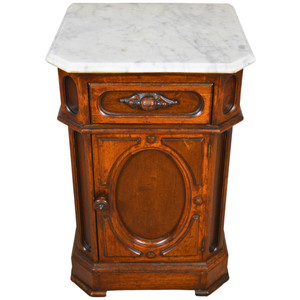 SOLD Antique Victorian Burl Oval Panel Marble Top Half Commode