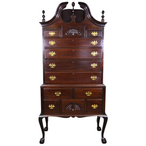 SOLD Antique Mahogany Chippendale Ball & Claw 2 Piece Bonnet Top Highboy Chest