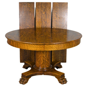 SOLD Antique Round Oak Claw Foot Split Base Dining Table w/ 3 Leaves