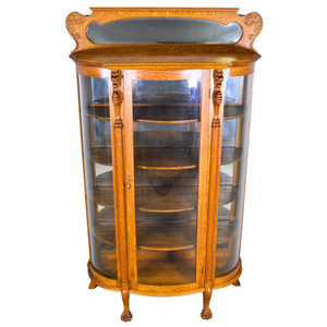 SOLD Antique Victorian Oak Curved Glass China Closet Claw Feet Lion Heads