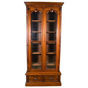 SOLD Antique Victorian Walnut Bookcase w/ Jenny Lind Heads