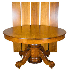 SOLD Antique Oak Carved Banquet Table – 5 Leaves