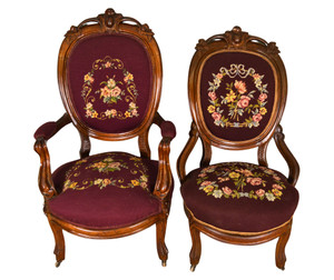 SOLD Antique Pair of Victorian Needlepoint Gent’s and Lady’s Chairs