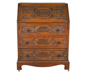 SOLD Antique Oak Heavily Carved Slant Top Governor Winthrop Desk