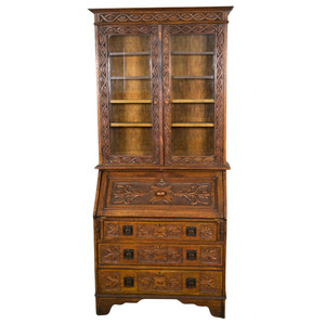 SOLD Antique Oak Carved Slant Top Secretary Bookcase Desk