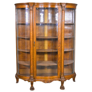 SOLD Antique Victorian Oak Claw Foot Carved Pillar Curved Glass China Closet
