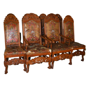 Antique Heavily Carved Oak Chairs - Unusual Leather #22020
