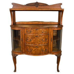 SOLD Antique Oak Double Curved Glass Door Sever with Mirror Back