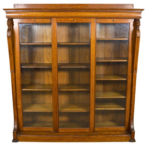 SOLD Antique Oak Triple Door Lion Head Bookcase
